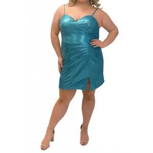 NEW SYDNEY'S CLOSET ruched shimmer cocktail dress in blue lagoon